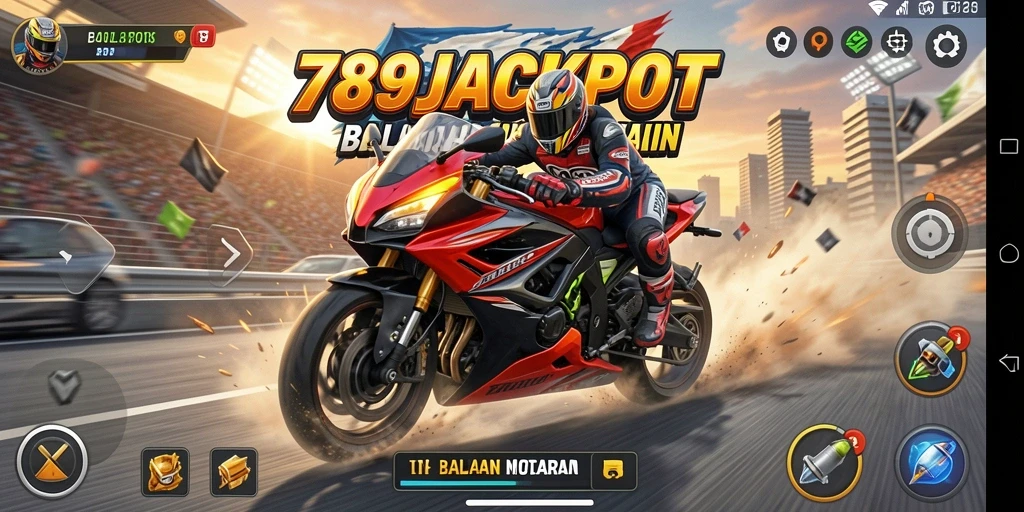 Tampilan layar balapan motor yang seru dan mendebarkan.