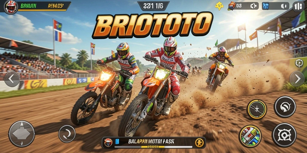 Tampilan gameplay BRIOTOTO yang penuh aksi balapan motor.