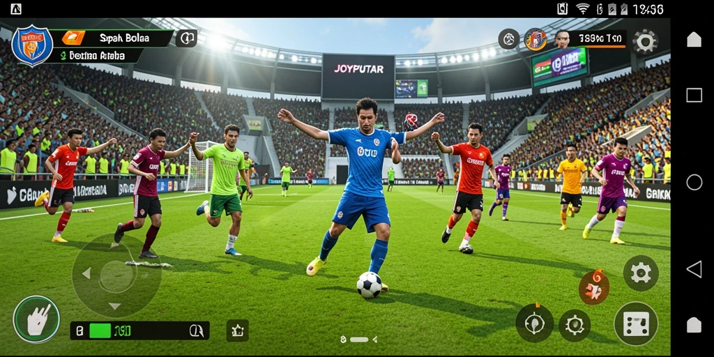 Tangkapan layar utama JOYPUTAR menampilkan aksi sepak bola yang mendebarkan.