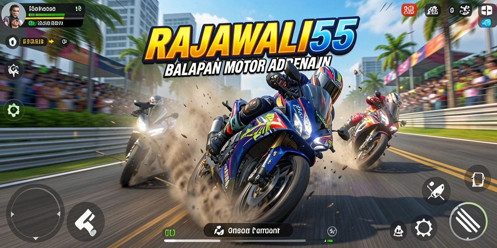 Gameplay seru RAJAWALI55 dengan aksi balapan motor yang menegangkan.