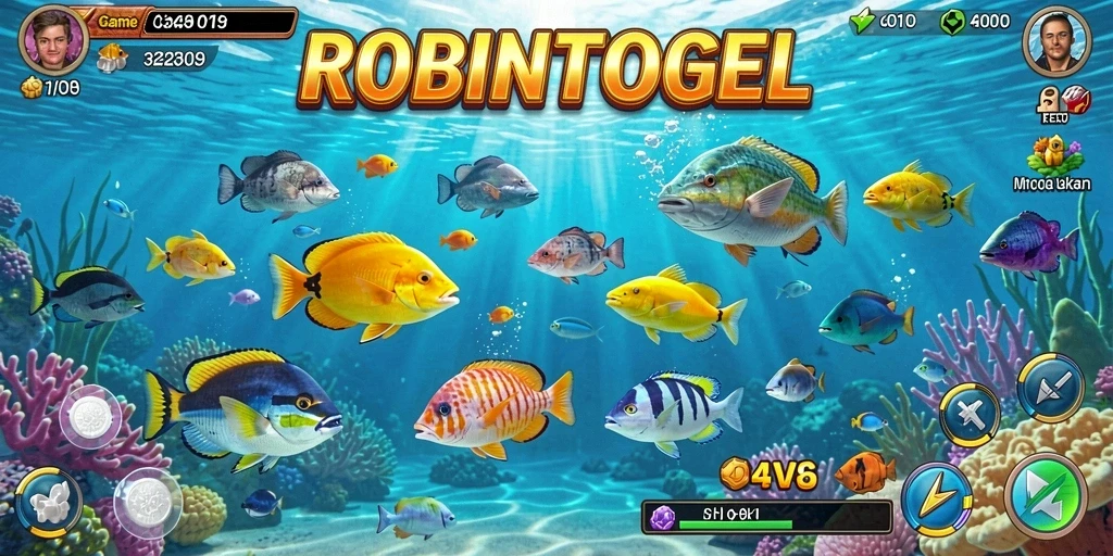 Tampilan gameplay seru dalam ROBINTOGEL saat berburu ikan.