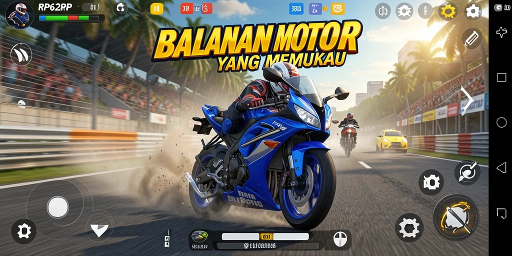 Screenshot gameplay RP62RP menampilkan aksi balapan motor yang intens.