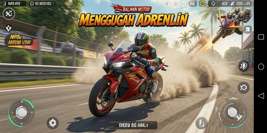 Screenshot utama RP8 menampilkan aksi balapan motor yang seru dan mendebarkan.