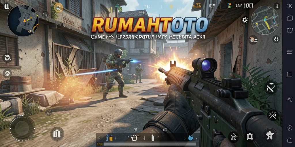 Screenshot utama RUMAHTOTO menampilkan aksi tembak-menembak seru.