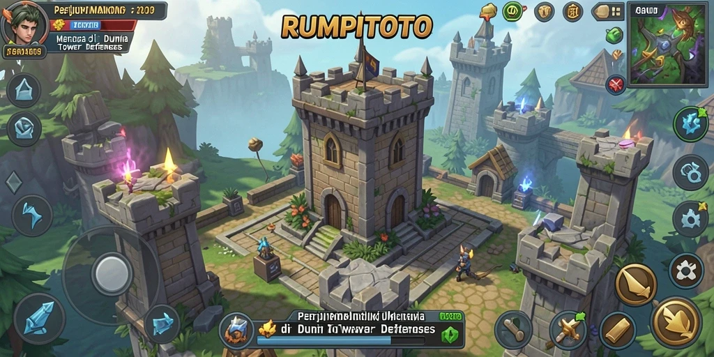 Gameplay RUMPITOTO yang seru dalam melindungi menara dari serangan musuh.